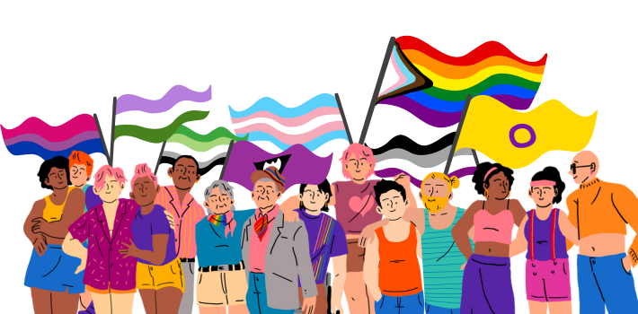 Illustration… Eine Gruppe von Menschen, die verschiedene Flaggen halten, als Schutz vor Gewalt für alle.